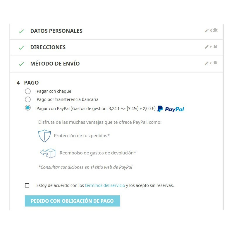 Aviso recargo modulo de pago Paypal con recargo para Prestashop 1.7